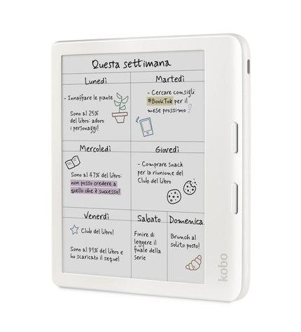 Rakuten N428-KU-WH-K-CK white 7-inch 32GB eBook reader with screen displaying text and buttons, electronic device for reading books