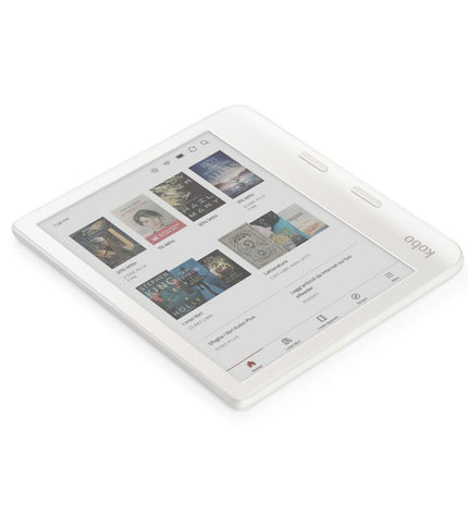 Rakuten N428-KU-WH-K-CK white 32 GB 7-inch eBook reader with screen displaying text and interface, electronic device for reading.