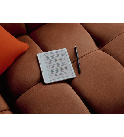 Rakuten N428-KU-WH-K-CK white 32GB 7-inch eBook reader with screen displaying text and interface, electronic device for reading books