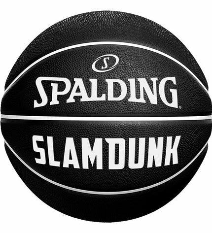 Black Spalding Slam Dunk basketball size 7, designed for outdoor basketball games, showing the textured surface and branding.