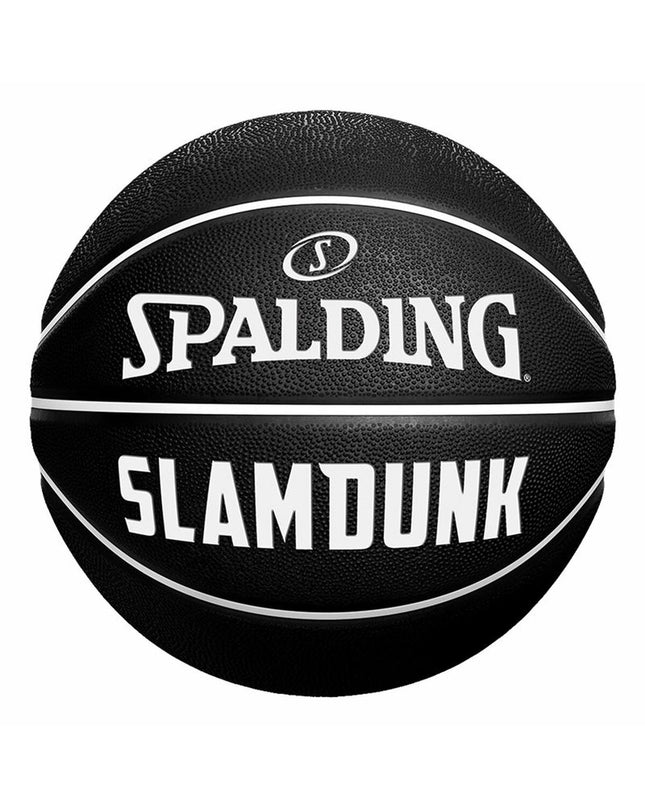 Black Spalding Slam Dunk basketball size 7, designed for outdoor basketball games, showing the textured surface and branding.