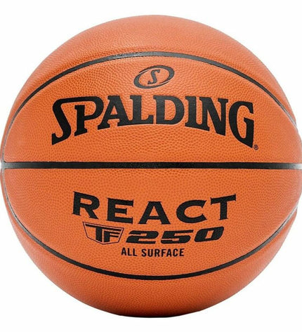 Multicolored Spalding React TF-250 basketball for outdoor sports, showing the textured surface and vibrant design.