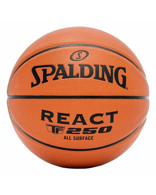 Multicolored Spalding React TF-250 basketball for outdoor sports, showing the textured surface and vibrant design.