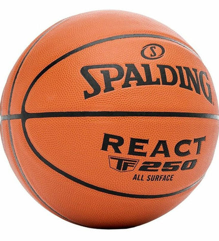 Spalding React TF-250 multicolour basketball for outdoor sports, showing the textured surface and colorful design.