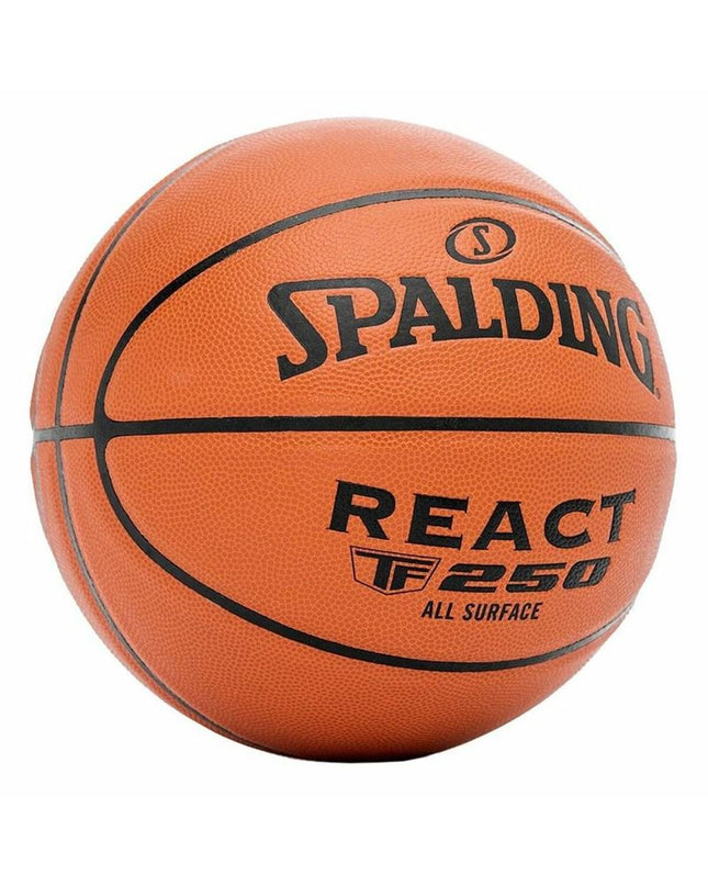 Spalding React TF-250 multicolour basketball for outdoor sports, showing the textured surface and colorful design.
