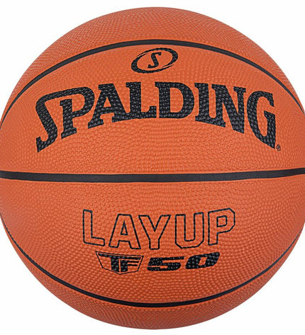 Spalding Layup TF-50 multicolour basketball for outdoor sport, showing vibrant design and textured surface for grip.