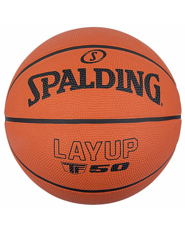 Spalding Layup TF-50 multicolour basketball for outdoor sport, showing vibrant design and textured surface for grip.