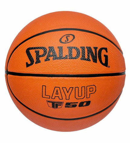 Colorful Spalding Layup TF-50 basketball for outdoor play, featuring multicolour design and standard size 7.