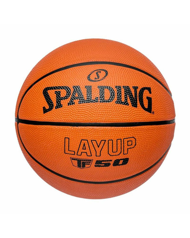 Colorful Spalding Layup TF-50 basketball for outdoor play, featuring multicolour design and standard size 7.