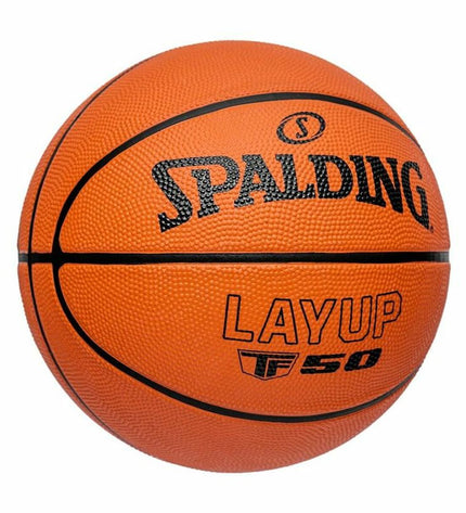 Multicolored Spalding Layup TF-50 basketball for outdoor sports, showing the vibrant design and textured surface.