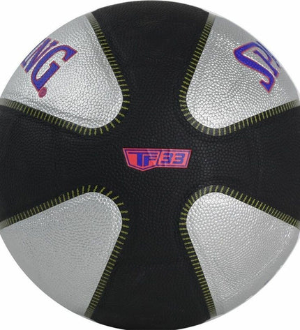 Spalding TF-33 basketball in red and black with size 7 for sports and outdoor play, featuring textured surface and brand logo.