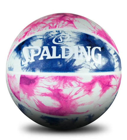 Spalding size 6 purple tie-dye basketball with natural rubber surface, designed for outdoor sports and basketball play.
