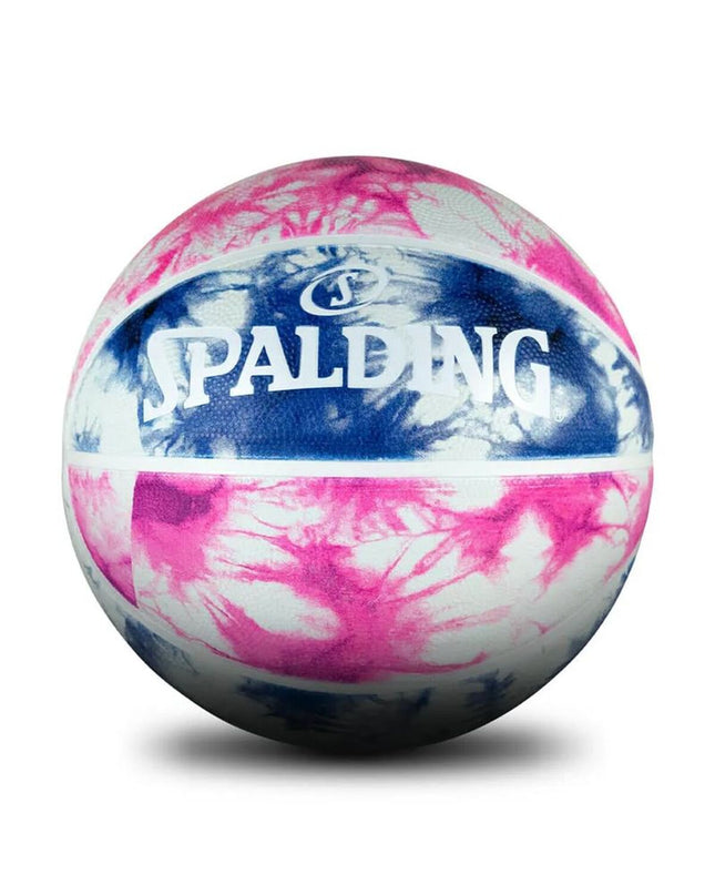 Spalding size 6 purple tie-dye basketball with natural rubber surface, designed for outdoor sports and basketball play.