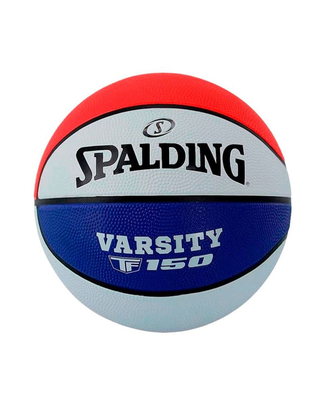 Spalding Varsity TF-150 size 6 basketball in red, designed for outdoor play, showing the textured surface and branding.