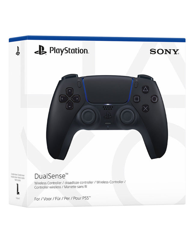 Sony DualSense PS5 wireless controller in black, designed for PlayStation 5 gaming, featuring ergonomic buttons and adaptive triggers.
