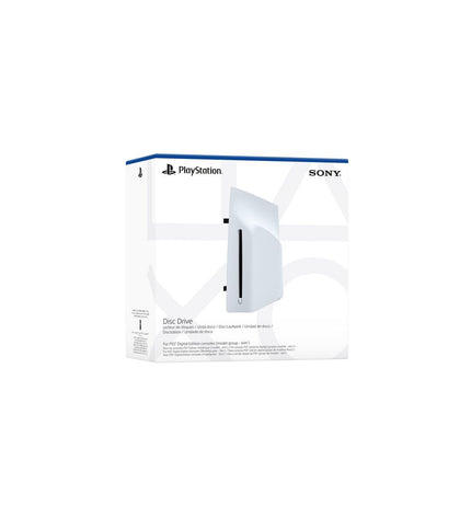 Sony PS5 optical disc drive for electronic plug-and-play gaming consoles, shown with disc slot and sleek design.
