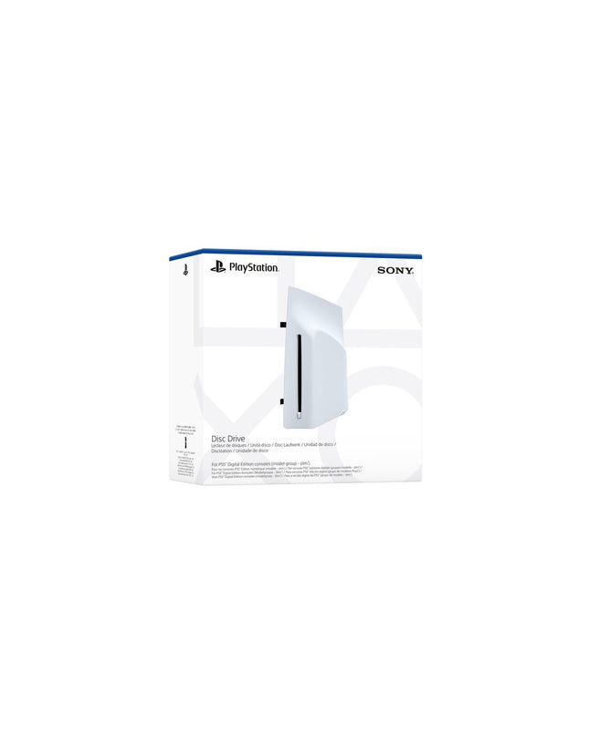 Sony PS5 optical disc drive for electronic plug-and-play gaming consoles, shown with disc slot and sleek design.