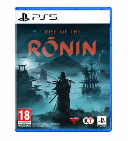 Sony PlayStation 5 videogame Rise of the Ronin, electronic plug-and-play gaming console with game case and artwork visible.