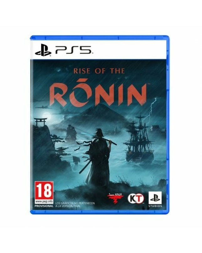 Sony PlayStation 5 videogame Rise of the Ronin, electronic plug-and-play gaming console with game case and artwork visible.