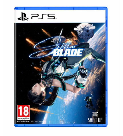 Sony PlayStation 5 gaming console with Stellar Blade video game disc inserted, showcasing sleek modern design and disc drive.