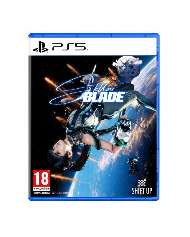 Sony PlayStation 5 gaming console with Stellar Blade video game disc inserted, showcasing sleek modern design and disc drive.