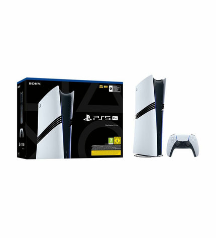 Sony PlayStation 5 Pro digital gaming console with 2TB storage, sleek black design, and multiple ports for plug-and-play gaming.