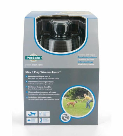 PetSafe Stay & Play anti-theft dog tracking device for pets, showing the compact device attached to a dog's collar.