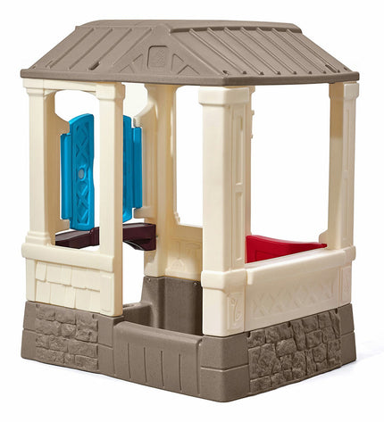 Step 2 Courtyard Cottage playhouse for children, outdoor toy with windows and door, measuring 118x100x83 cm, ideal for kids’ outdoor fun.