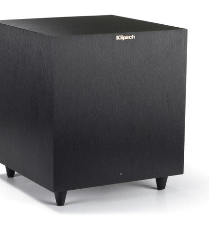 Klipsch R8 SW subwoofer for audio and hi-fi systems, showing its front speaker grille and sleek black design.