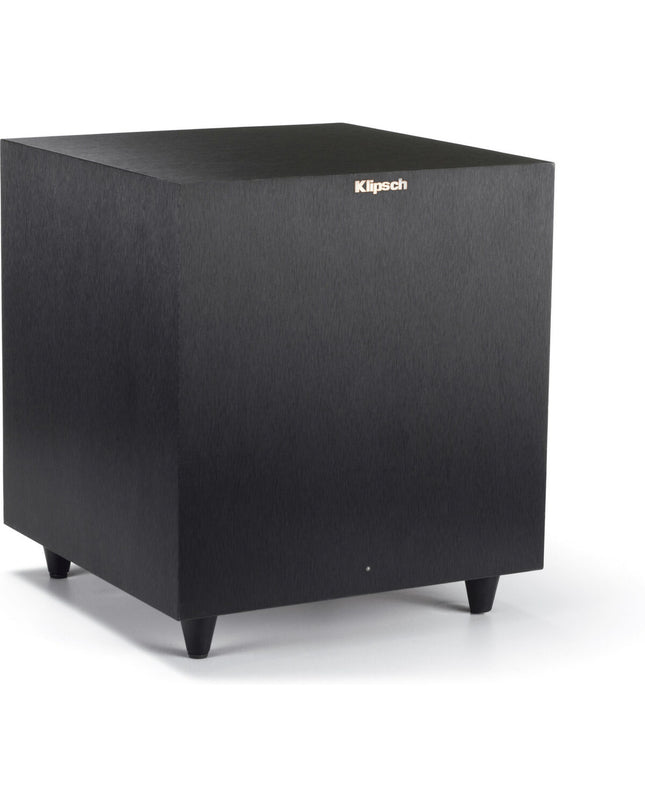 Klipsch R8 SW subwoofer for audio and hi-fi systems, showing its front speaker grille and sleek black design.
