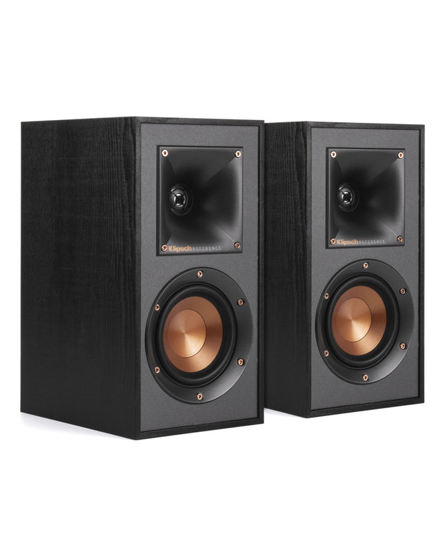 Pair of black Klipsch KL1066233 50W speakers with sleek design, shown in a side view for audio and hi-fi setup.