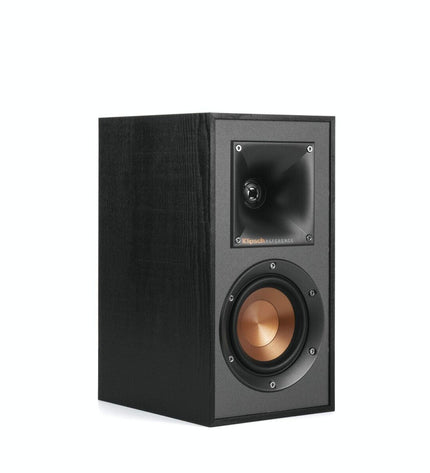 Pair of black Klipsch KL1066233 50W speakers with front grille and control knobs, designed for high-quality audio and home theater use.