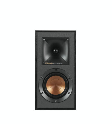 Pair of black Klipsch KL1066233 speakers with 50W power output, featuring compact design and audio input ports.