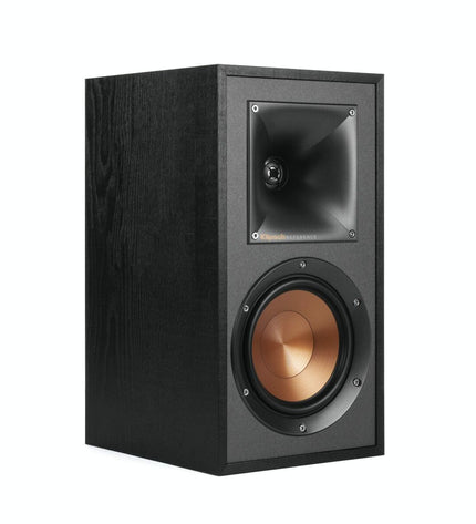 Black Klipsch KL1066234 speakers for audio and hi-fi, showing sleek electronic design with speaker grille and branding.