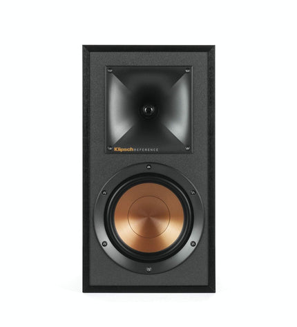 Black Klipsch KL1066234 speakers for audio and hi-fi setup, showing the front view with speaker grille and branding.