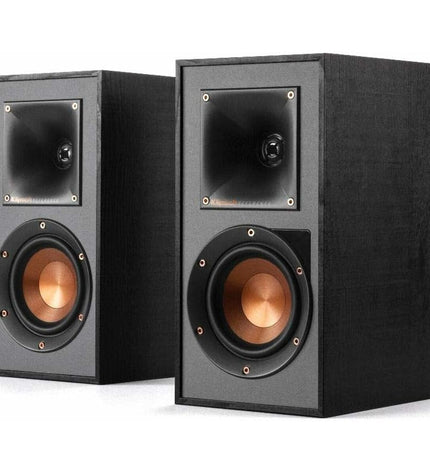 Klipsch R 41-PM 140W powered speakers with sleek black design for high-quality audio and home entertainment systems.