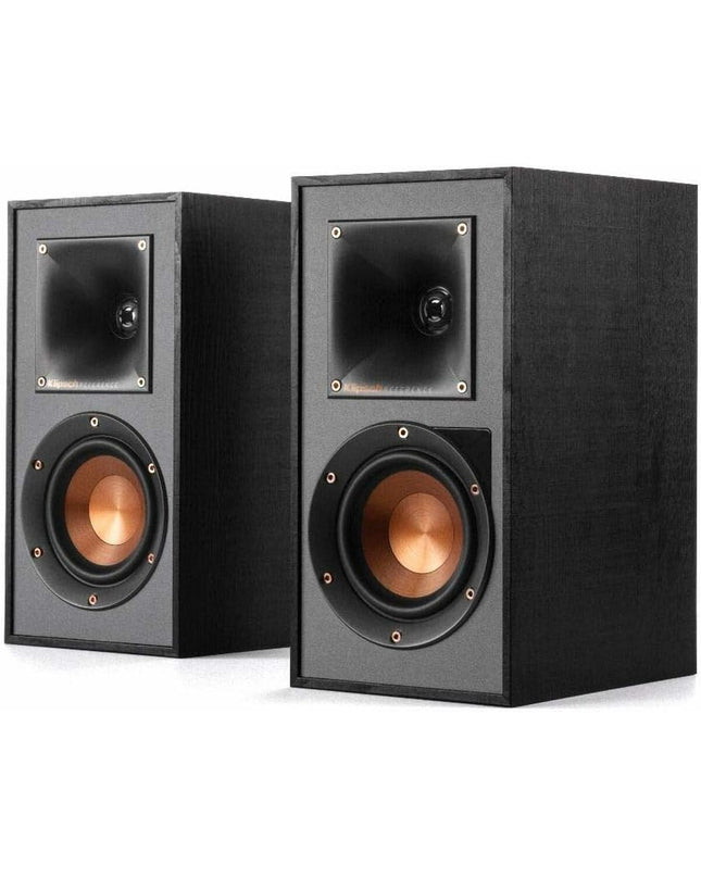 Klipsch R 41-PM 140W powered speakers with sleek black design for high-quality audio and home entertainment systems.