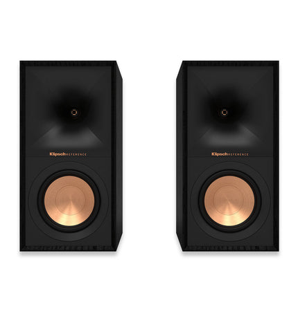 Pair of black Klipsch R-50M bookshelf speakers with 300W power output, featuring sleek design and audio drivers.