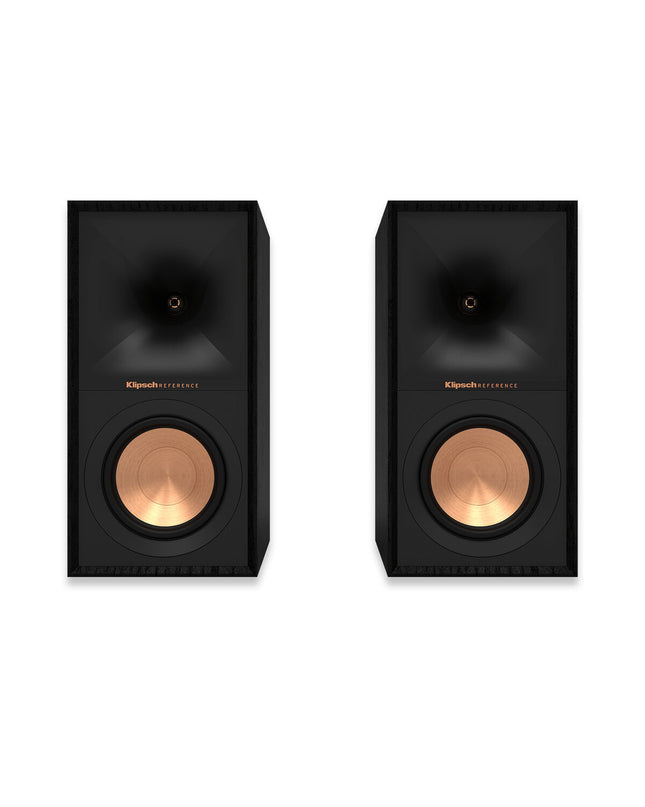 Pair of black Klipsch R-50M bookshelf speakers with 300W power output, featuring sleek design and audio drivers.