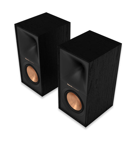 Pair of black Klipsch R-50M speakers with 300W power, featuring sleek design and audio drivers, ideal for high-quality home sound.
