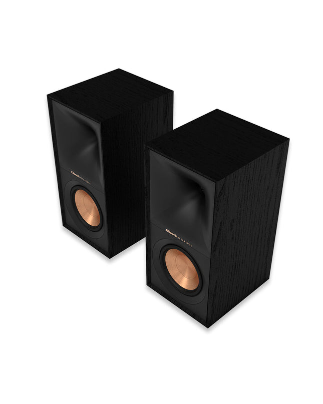 Pair of black Klipsch R-50M speakers with 300W power, featuring sleek design and audio drivers, ideal for high-quality home sound.