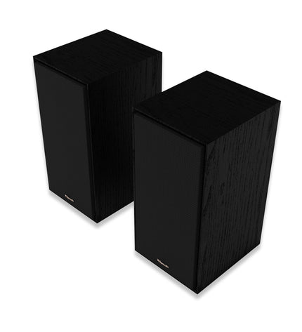 Pair of black Klipsch R-50M bookshelf speakers with 300W power, featuring a sleek design and advanced audio drivers.