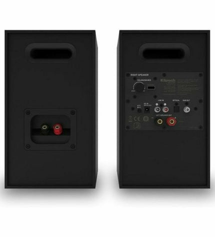 KLIPSCH KL1071206 speakers showing sleek black design with speaker grille and control buttons, perfect for high-quality audio.