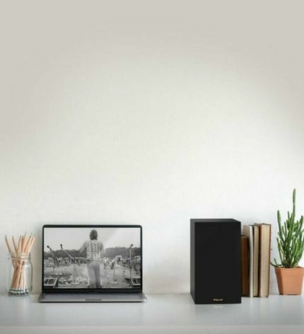 KLIPSCH KL1071206 audio speakers showing black finish and front grille, part of high-quality electronic audio and hi-fi equipment.