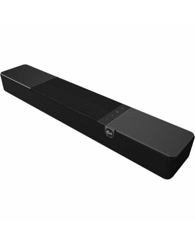 Black KLIPSCH KL1071981 soundbar with 100W power, featuring sleek design and audio controls for immersive home sound system.