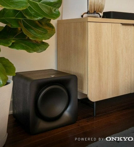 Klipsch KL1072078 subwoofer for audio and hi-fi systems, featuring a sleek black design with a front-firing speaker driver.