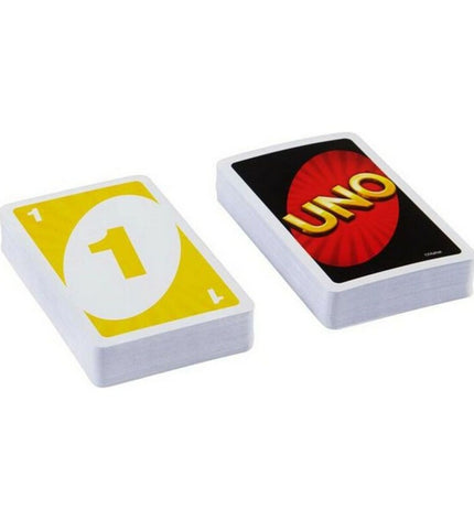 Mattel UNO playing cards from the board game set, featuring colorful card designs and iconic game branding.