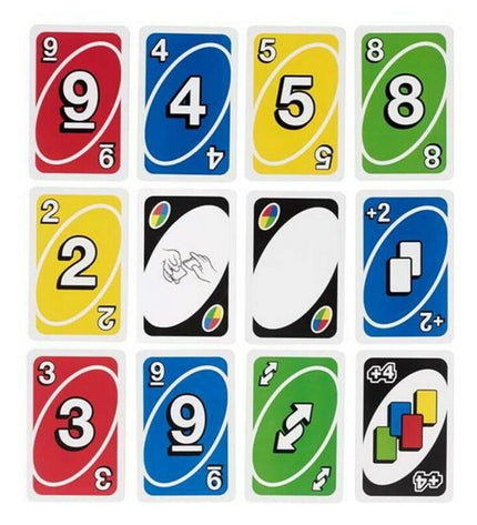 Mattel UNO card game with colorful playing cards displayed, perfect for family fun and game nights.