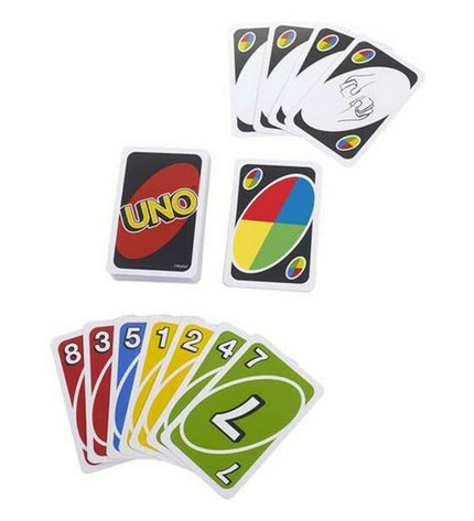 Mattel UNO card game with colorful playing cards spread out on a surface, featuring the classic design and bold colors.