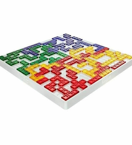 Mattel Blokus board game with colorful geometric pieces arranged on the game board for family play.